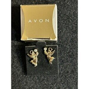 Vtg Avon Gold Tone Angel Pierced Earrings Aurora Borealis Rhinestones J-300